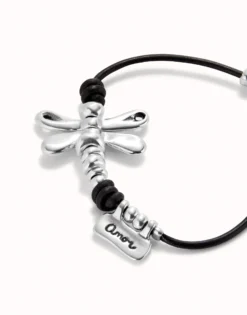 Pulsera de cuero con libélula bañado en plata de ley