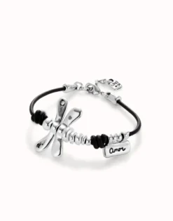 Pulsera de cuero con libélula bañado en plata de ley