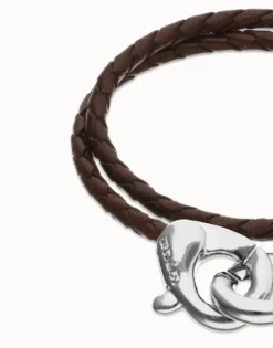 Pulsera de cuero doble marrón con mosquetón entrelazado en plata