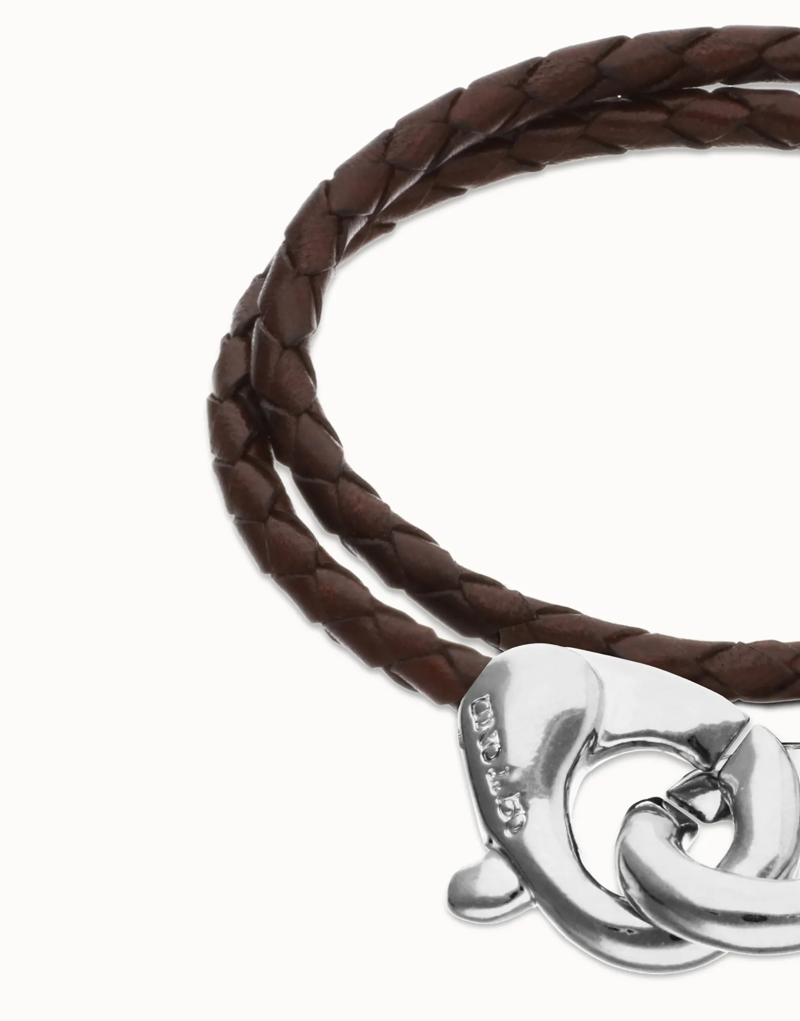 Pulsera de cuero doble marrón con mosquetón entrelazado en plata