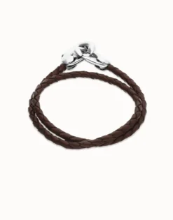Pulsera de cuero doble marrón con mosquetón entrelazado en plata