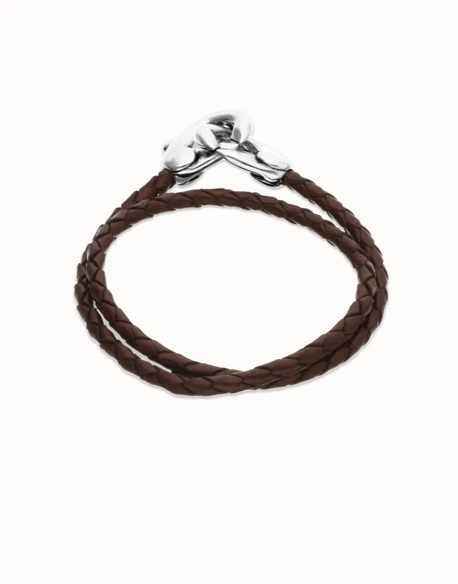 Pulsera de cuero doble marrón con mosquetón entrelazado en plata