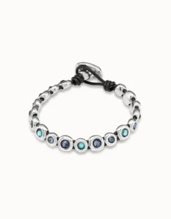 Pulsera de cuero marrón bañada en plata de ley y cristales azules