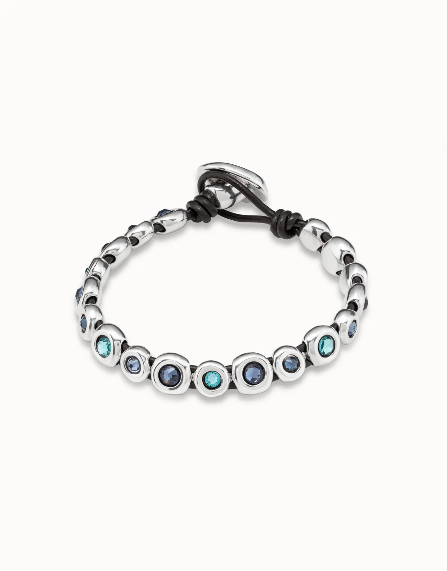 Pulsera de cuero marrón bañada en plata de ley y cristales azules