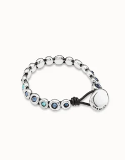 Pulsera de cuero marrón bañada en plata de ley y cristales azules