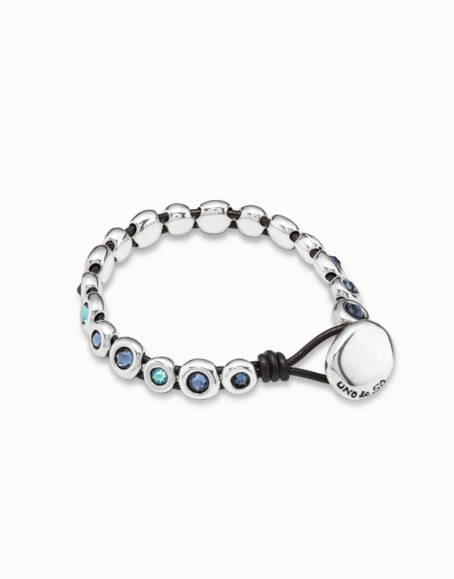 Pulsera de cuero marrón bañada en plata de ley y cristales azules