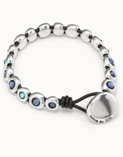 Pulsera de cuero marrón bañada en plata de ley y cristales azules
