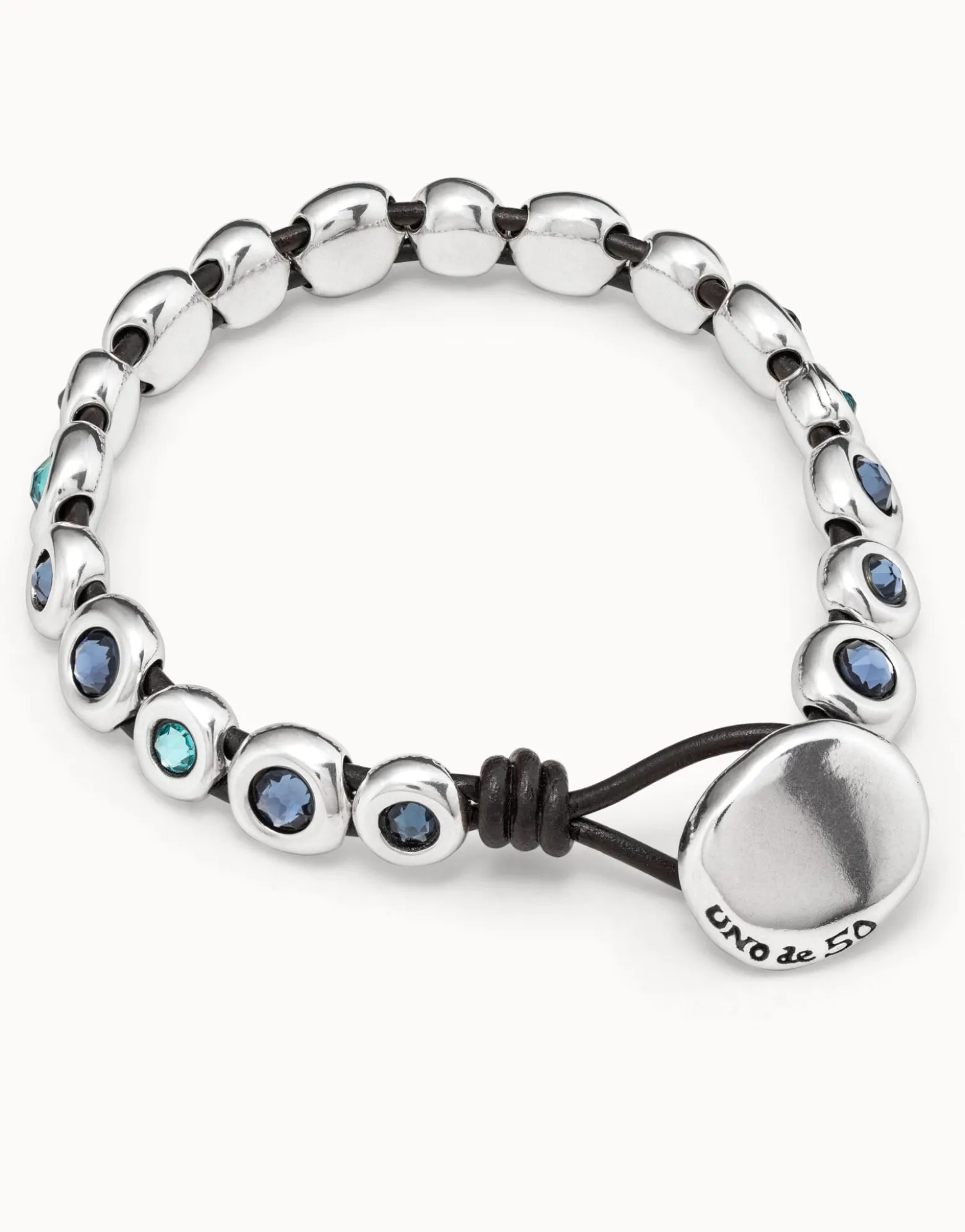 Pulsera de cuero marrón bañada en plata de ley y cristales azules