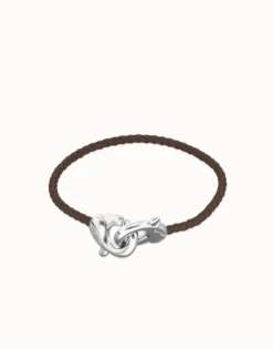 Pulsera de cuero marrón con mosquetón entrelazado en plata