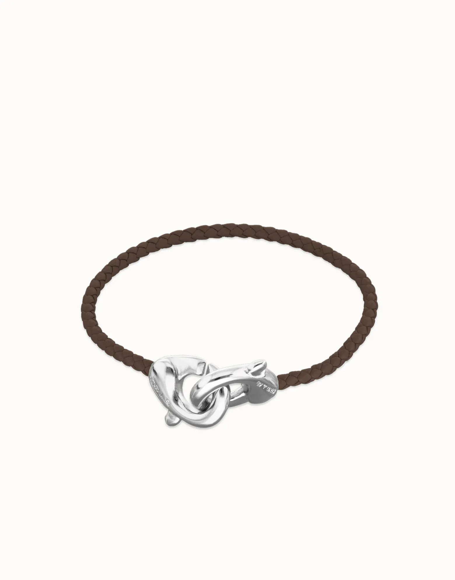 Pulsera de cuero marrón con mosquetón entrelazado en plata
