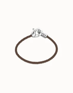 Pulsera de cuero marrón con mosquetón entrelazado en plata