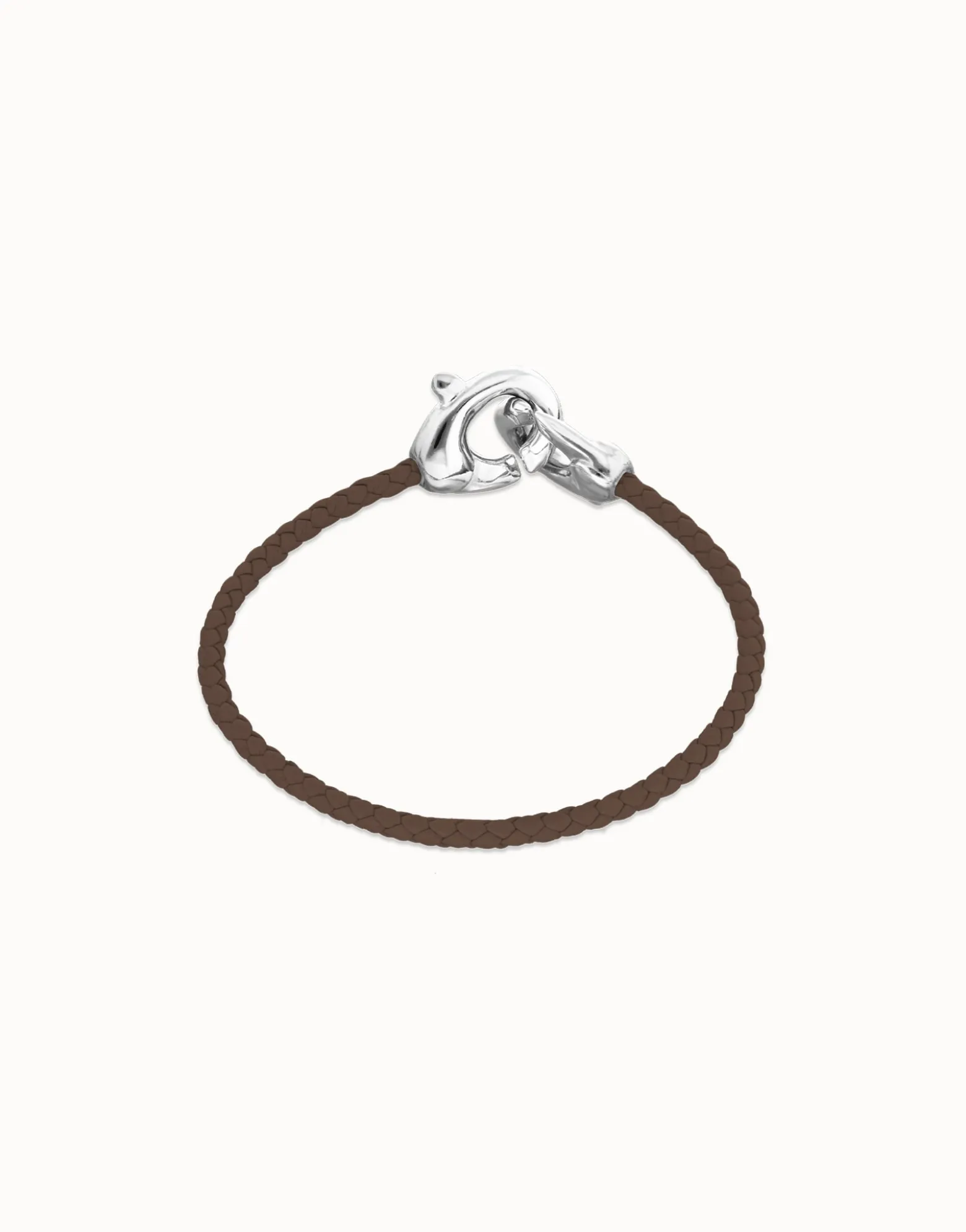 Pulsera de cuero marrón con mosquetón entrelazado en plata