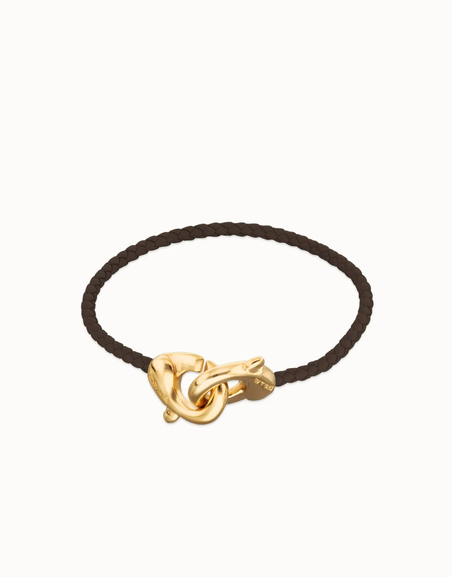 Pulsera de cuero marrón con mosquetón entrelazado en oro