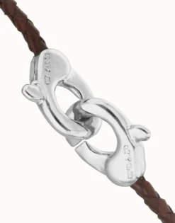 Pulsera de cuero marrón con mosquetón entrelazado
