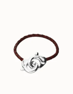 Pulsera de cuero marrón con mosquetón entrelazado