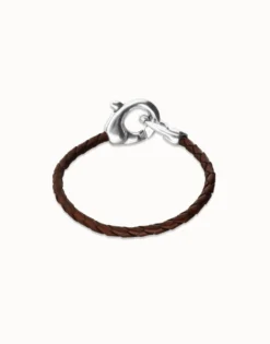 Pulsera de cuero marrón con mosquetón entrelazado