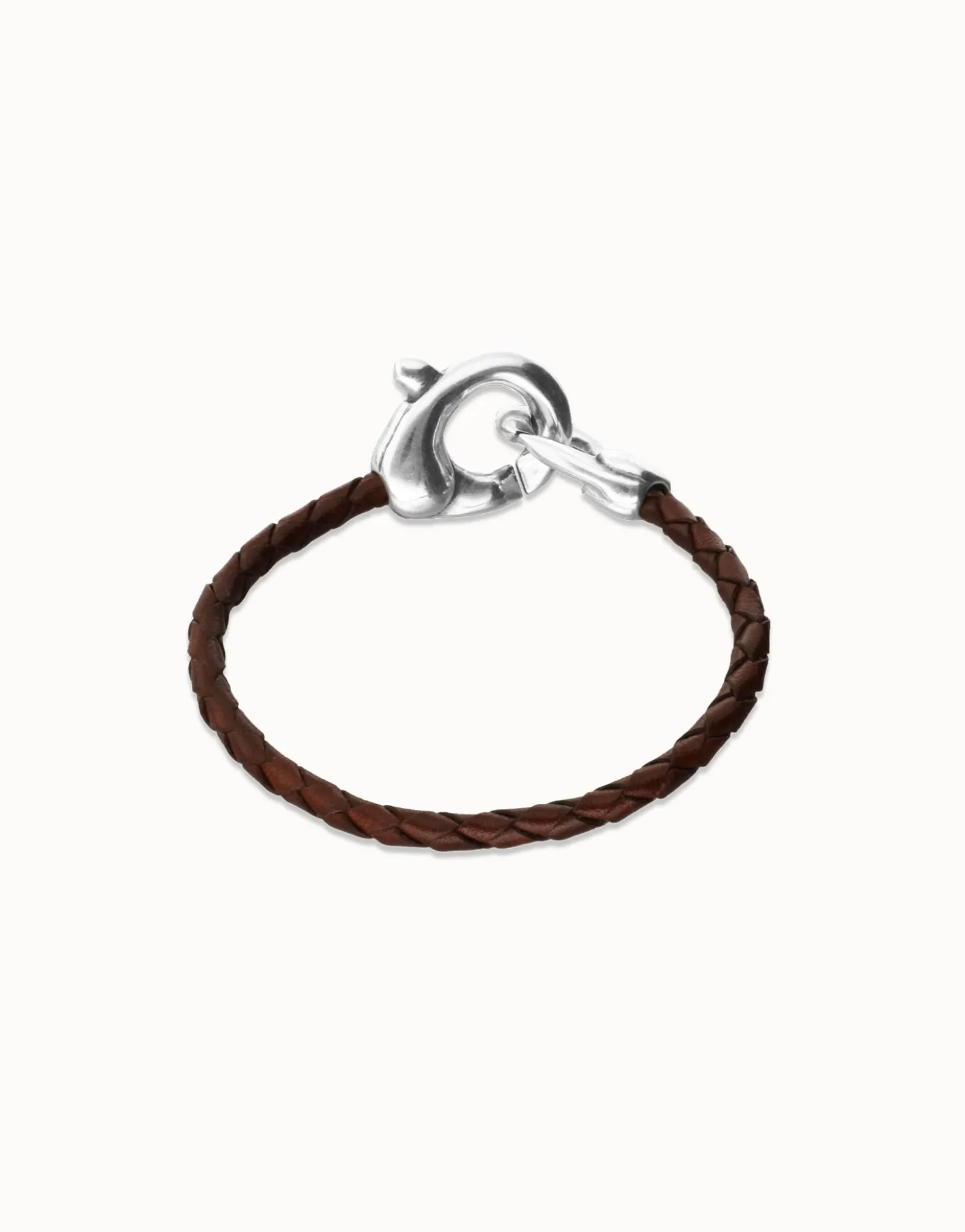Pulsera de cuero marrón con mosquetón entrelazado