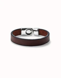 Pulsera de cuero marrón lisa bañada en plata de ley