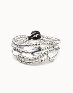 Pulsera de cuero marrón y cuentas bañadas en plata de ley