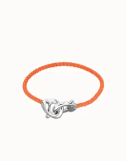 Pulsera de cuero naranja con mosquetón entrelazado en plata
