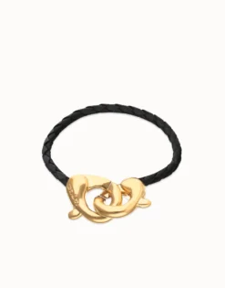 Pulsera de cuero negro con mosquetón entrelazado