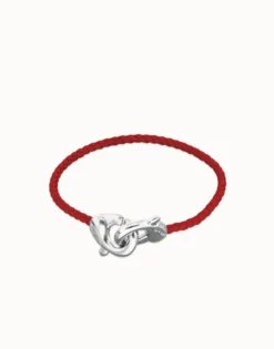 Pulsera de cuero rojo con mosquetón entrelazado en plata
