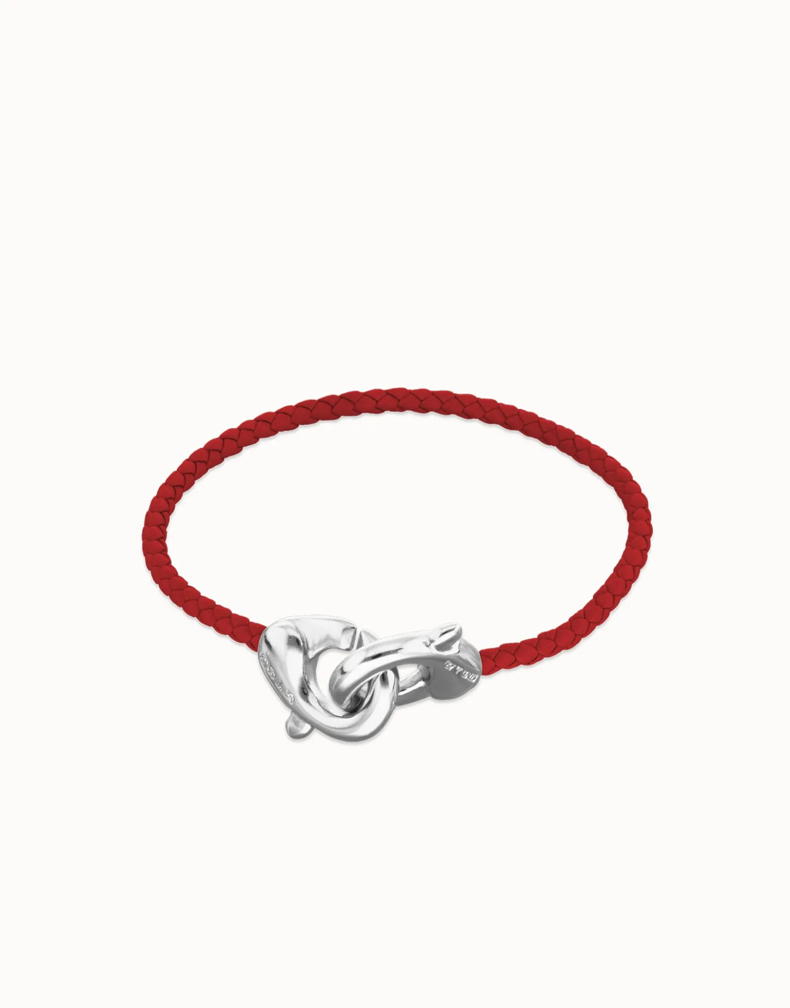 Pulsera de cuero rojo con mosquetón entrelazado en plata