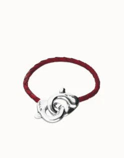 Pulsera de cuero rojo con mosquetón entrelazado