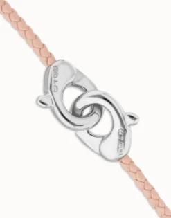 Pulsera de cuero rosa con mosquetón entrelazado en plata