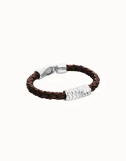 Pulsera de cuero trenzado marrón y detalle bañado en plata de ley