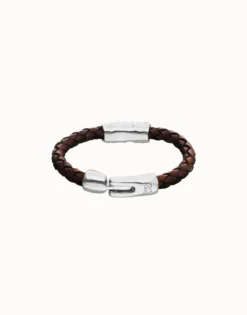 Pulsera de cuero trenzado marrón y detalle bañado en plata de ley