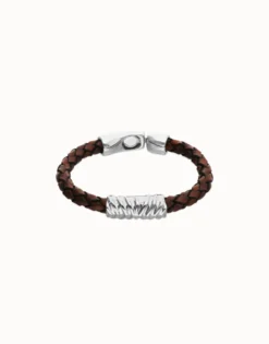 Pulsera de cuero trenzado marrón y detalle bañado en plata de ley