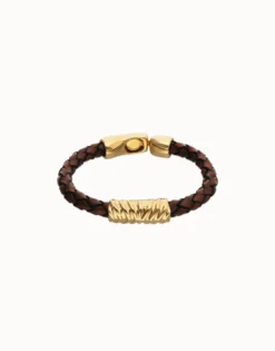 Pulsera de cuero trenzado marrón y detalle bañado en oro 18k