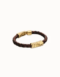 Pulsera de cuero trenzado marrón y detalle bañado en oro 18k