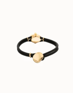 Pulsera de cuero y baño en 18k con cristal facetado ovalado negro