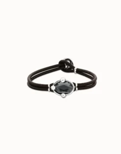 Pulsera de cuero y baño en plata con cristal facetado ovalado negro