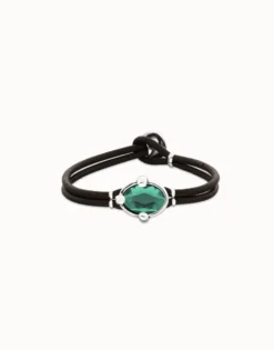 Pulsera de cuero y baño en plata con cristal facetado ovalado verde