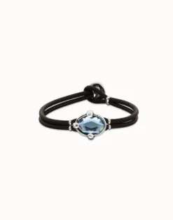 Pulsera de cuero y baño en plata con cristal facetado ovalado azul