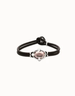 Pulsera de cuero y baño en plata con cristal facetado ovalado rosa