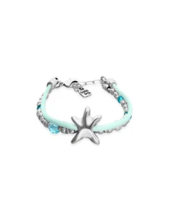 Pulsera de hilo de seda color turquesa bañada en plata con estrella de mar