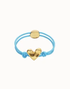 Pulsera de hilo elástico azul con corazón bañado en oro 18k