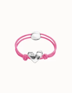 Pulsera de hilo elástico rosa con corazón bañado en plata de ley