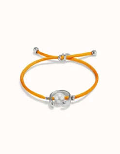 Pulsera de hilo naranja con perla shell fornitura bañada en plata de ley.