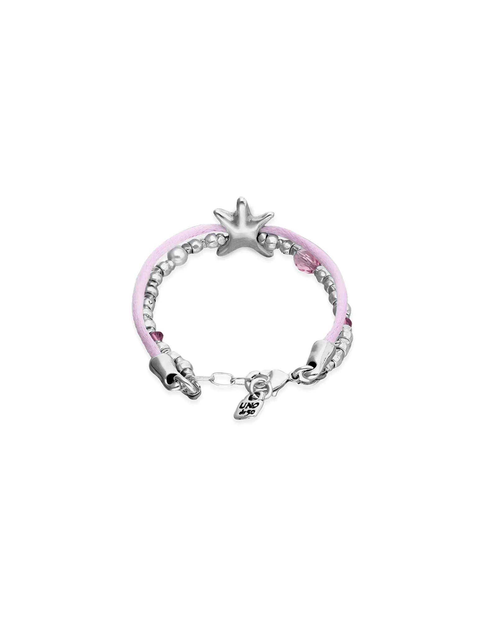 Pulsera de hilo seda color rosa bañada en plata con estrella de mar