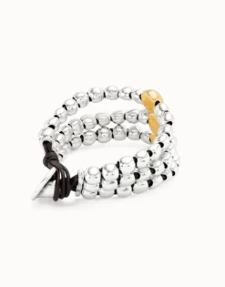 Pulsera de tres tiras de cuentas bañadas en plata de ley y bola en oro 18k