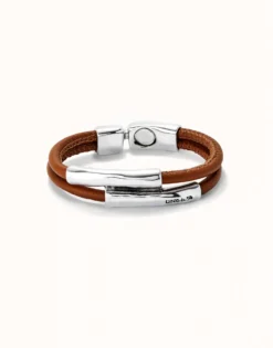 Pulsera doble cuero camel con dos tubos bañada en plata de ley