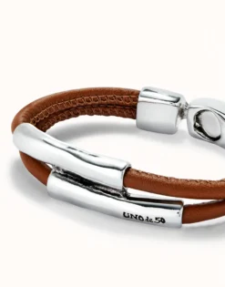Pulsera doble cuero camel con dos tubos bañada en plata de ley