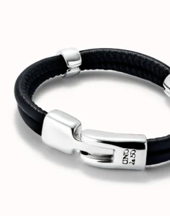Pulsera doble cuero con 2 circunferencias bañadas en plata de ley