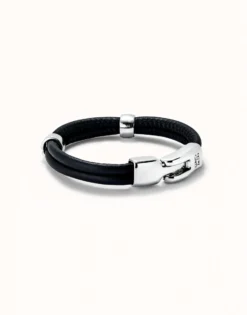 Pulsera doble cuero con 2 circunferencias bañadas en plata de ley
