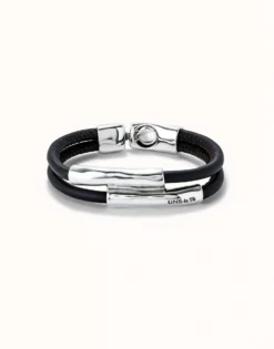 Pulsera doble cuero marron con dos tubos bañada en plata de ley